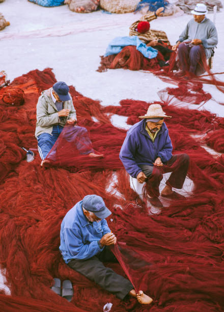 Nylon fishing net ready for use, seen in the small harbor in Qeqertarsuaq also known as Godhavn in Greenland