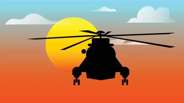 Vector illustration of Helicopter flying at sunset