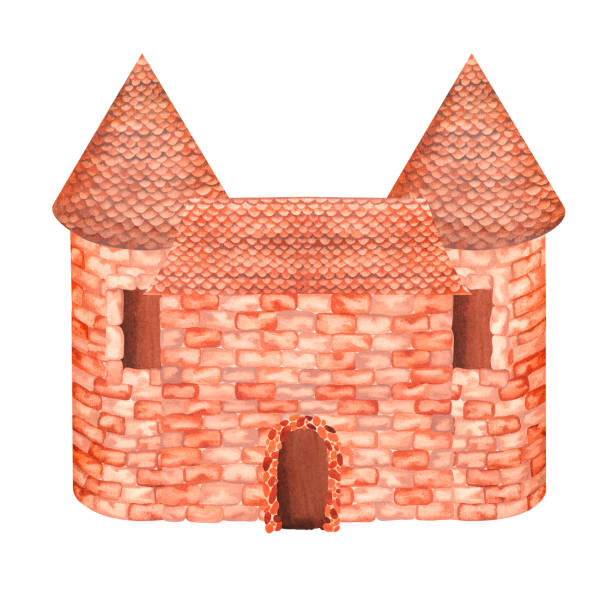 Brick castle. Watercolor illustration. Isolated on a white background. For design Brick castle. Watercolor illustration. Isolated on a white background. For your design of children's clothing, nursery interior items, stationery, book covers, illustrations of fairy tales. fairy door fairy tale antique stock illustrations