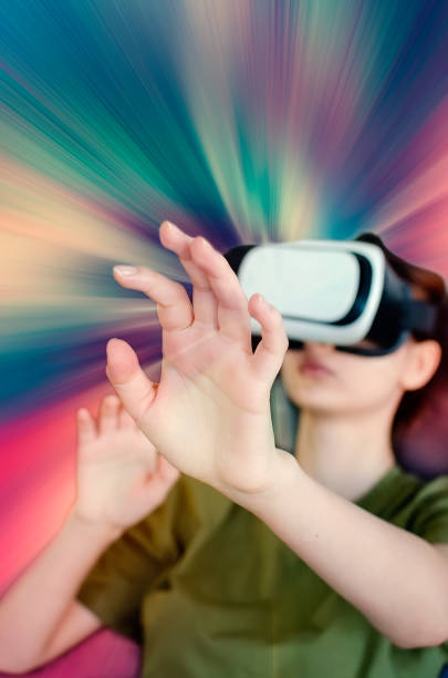 istock Woman from future with high tech smartphone glasses concept. Virtual reality, vertical photography. 1388905703