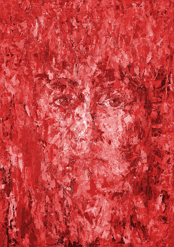 Artistic illustration modern work of art oil painting on canvas vertical portrait face of young beautiful bold free woman  on  background in red tones