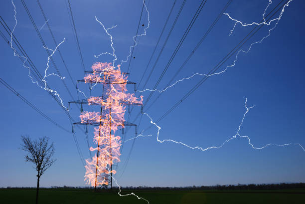 single burning electricity pylon with many bright lightnings electricity prices increase due to inflation