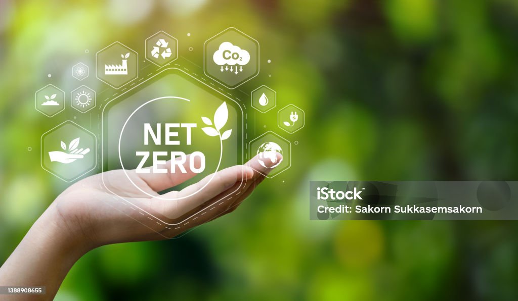 The concept of carbon neutral and net zero. natural environment A climate-neutral long-term strategy greenhouse gas emissions targets with green net center icon on hand cap and green background Carbon Neutrality Stock Photo