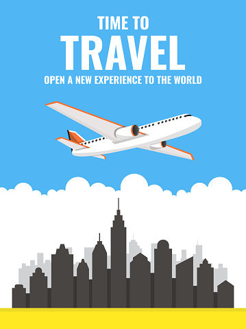 Airplane flying above the town. Around the world travelling banner. Vector illustration.