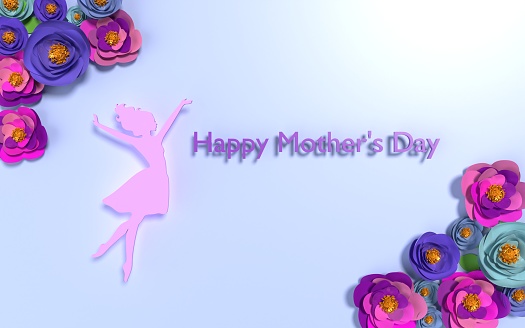 Mother’s Day celebration greeting card on blue background with floral design and woman silhouette. Happy Mother’s Day text. Easy to crop for all your social media and print sizes.