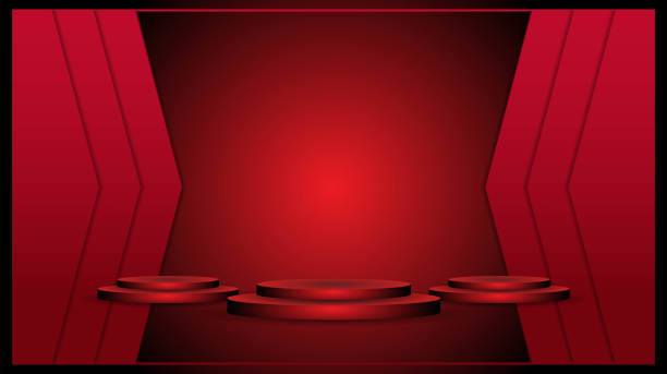 istock Red background stage podium modern presentation cosmetic display award with abstract of luxury premium product template empty stage spotlight background. 1388911940
