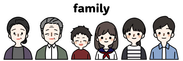 Cute illustration of a family of six Cute illustration of a family of six family reunion stock illustrations