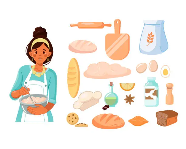 Vector illustration of An African-American cook kneads the dough for baking. Girl, baking and cooking items