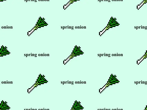 Vector illustration of spring onion seamless pattern on green background.Pixel style