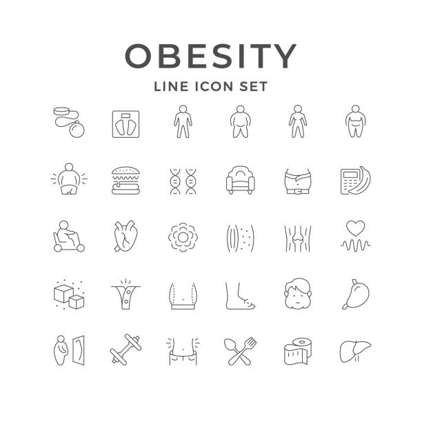 Set line icons of obesity Set line icons of obesity isolated on white. Scales, sugar cubes, unhealthy food, mirror reflection, heart, slimming, measuring tape, mobility scooter, person with extra weight. Vector illustration obesity stock illustrations
