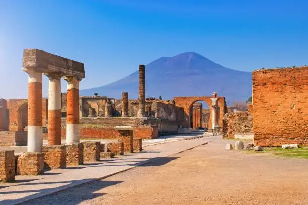 Photo of Pompeii, Campania, Naples, Italy - ruins ancient city buried under volcanic ash in the eruption of Mount Vesuvius in AD 79.