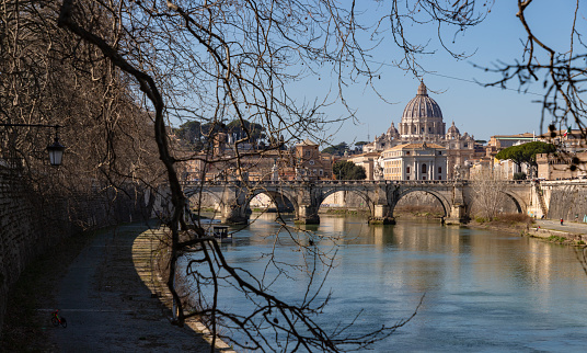 A picture of the St. Angelo Bridge, the St. Peter's Basilica and the Tiber river as seen through some nearby branches.