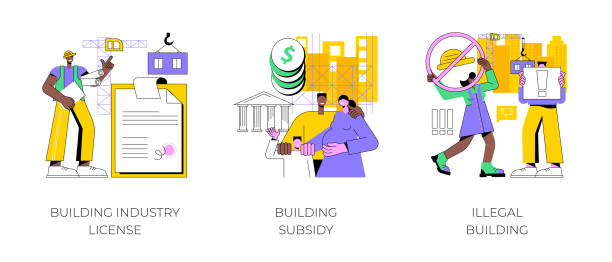 Construction permit abstract concept vector illustrations. Construction permit abstract concept vector illustration set. Building industry license, government grant and subsidy, illegal construction, home financing, new house, demolition abstract metaphor. limited government symbol cartoon stock illustrations
