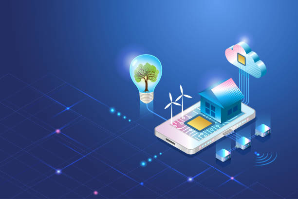 istock Sustainable environment technology to reduce carbon emissions. Solar roof house on smartphone with tree growing in lightbulb, green technology in futuristic background 1388916077