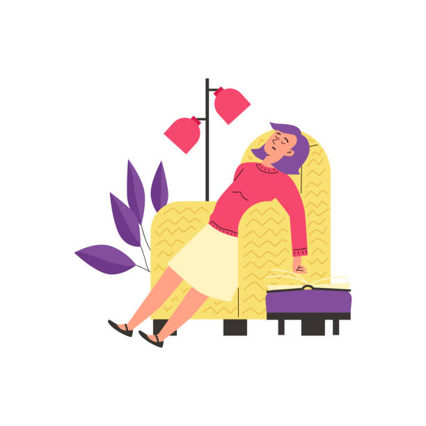 ilustrações de stock, clip art, desenhos animados e ícones de woman fell asleep in chair reading a book, flat vector illustration isolated. - dormant volcano illustrations