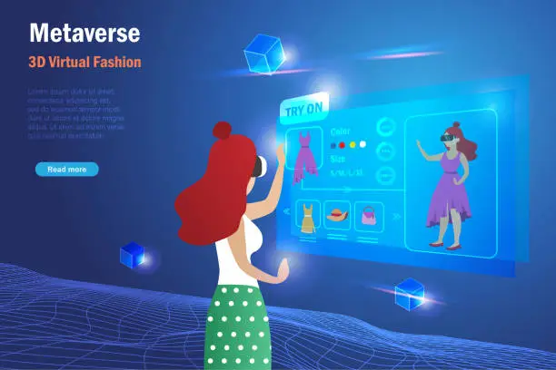 Vector illustration of Metaverse virtual try on cloth. Woman use metaverse technology try on dress with mirror reflection on smart phone screen. Textiles fashion and clothes design in futuristic technology.