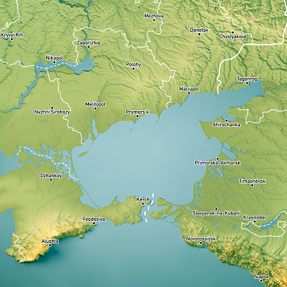 3D Render of a Topographic Map of the Sea of Azov. Version with Country Boundaries and City names.\nAll source data is in the public domain.\nColor texture: Made with Natural Earth. \nhttp://www.naturalearthdata.com/downloads/10m-raster-data/10m-cross-blend-hypso/\nRelief texture and Rivers: NASADEM data courtesy of NASA JPL (2020). \nhttps://doi.org/10.5067/MEaSUREs/NASADEM/NASADEM_HGT.001 \nWater texture: SRTM Water Body SWDB:\nhttps://dds.cr.usgs.gov/srtm/version2_1/SWBD/\nBoundaries Level 0: Humanitarian Information Unit HIU, U.S. Department of State (database: LSIB)\nhttp://geonode.state.gov/layers/geonode%3ALSIB7a_Gen