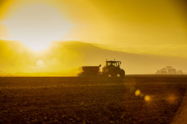 A wide-view shot of a farmer driving a tractor across a field, he is spreading fertilizer under a springtime sunset.