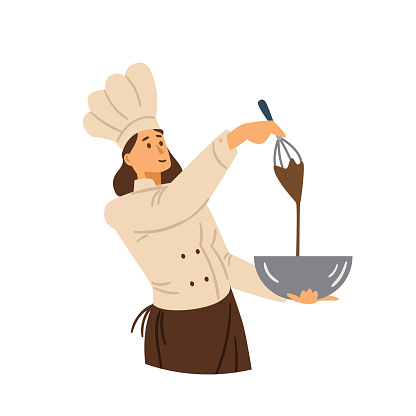 Professional confectioner whipping icing, flat vector illustration isolated.