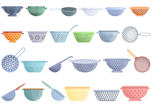 Colander icons set cartoon vector. Cook accessory. Strainer container
