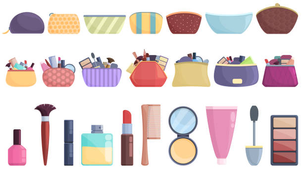 Cosmetic bag icons set cartoon vector. Accessory barber Cosmetic bag icons set cartoon vector. Accessory barber. Beauty pouch make up bag stock illustrations