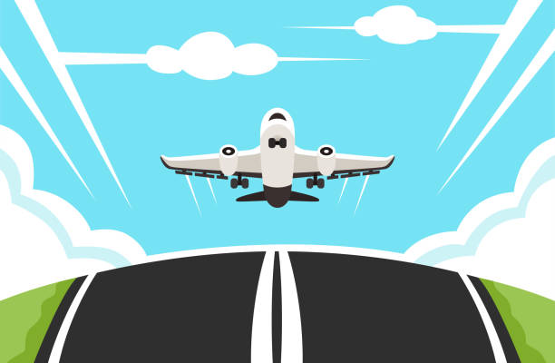 Banner with a landing or taking off plane. Travel concept Banner with a landing or taking off plane. Travel concept. Vector illustration. runway condition stock illustrations