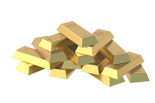 istock Heap of gold bars isolated on white background. 3d render 1388921285