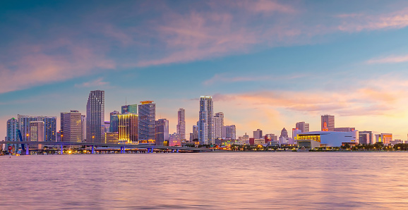 Miami city skyline cityscape of Florida in USA at sunset