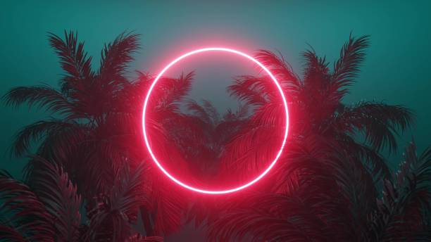 istock Retrowave glowing rectangle frame appears in the tropical palm tree 1388923207