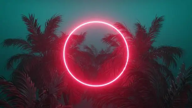 Photo of Retrowave glowing rectangle frame appears in the tropical palm tree