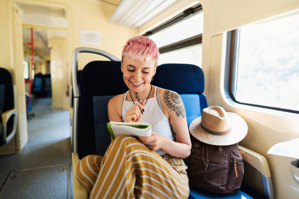 istock Creative Caucasian female tourist, drawing in her notebook while travel 1388925177