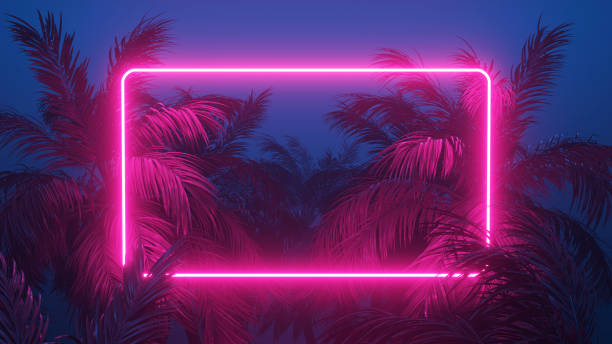 istock Retrowave Tropical Scene Palms and Glowing Frame 3d render 1388925429