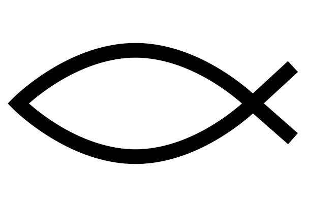 白い背景にキリスト教徒の黒い魚のサインが付いたイラスト。ロゴ記号。ベクターイラストレーション。ストック画像。 - symbol computer icon religious icon interface icons点のイラスト素材／クリップアート素材／マンガ素材／アイコン素材