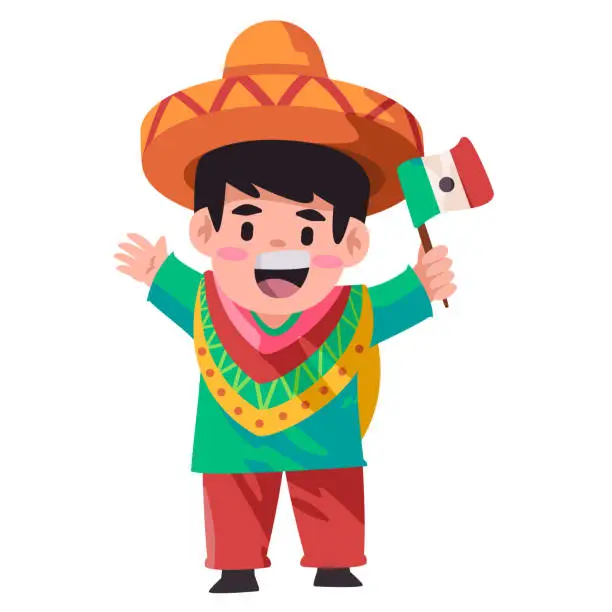 Vector illustration of Mexican kids boys children wearing mexico spanish sombrero traditional costume greetings welcoming festival with smile happy
