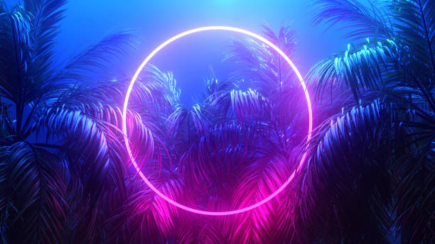 istock Retrowave Tropical Scene Palms and Glowing Frame 3d render 1388926649