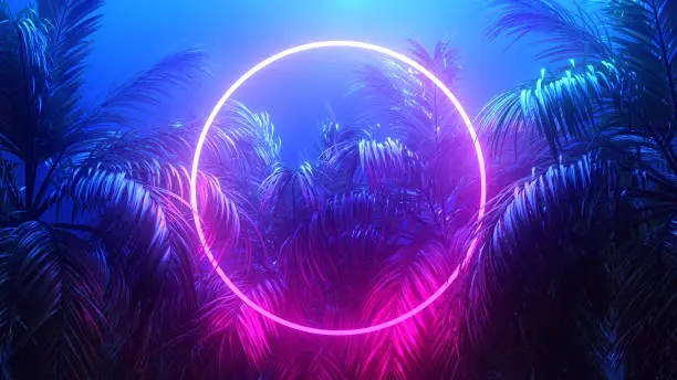 Photo of Retrowave Tropical Scene Palms and Glowing Frame 3d render