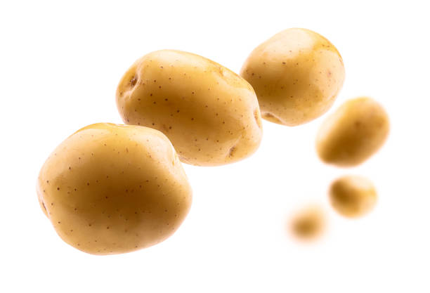 istock Golden potatoes levitate on a white background 1388926813