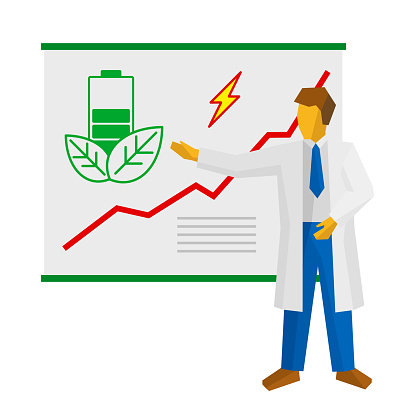 Scientist show poster about green power. Battery and rising grapth on the poster. Eco friendly concept, renewable energy sources. Simple flat vector clip art on white background.