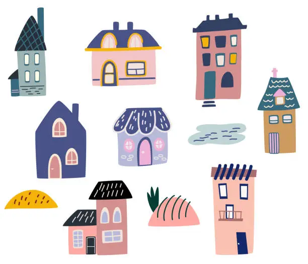 Vector illustration of Cute cartoon houses. Various little tiny houses. Small townhouses, minimalism of urban buildings, minimal suburban residential building vector illustrations set of icons.