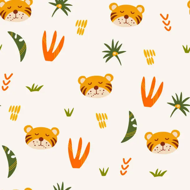 Vector illustration of Tiger seamless pattern. Muzzle of a cute tiger cub with jungle plants. Tropical Animals. Children design for fabric, print, wrapper, textile. Vector flat illustration for kids