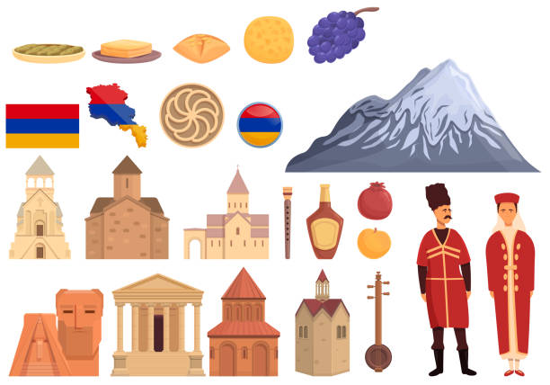 Armenia icons set cartoon vector. Tourism architecture Armenia icons set cartoon vector. Tourism architecture. National city armenia country stock illustrations