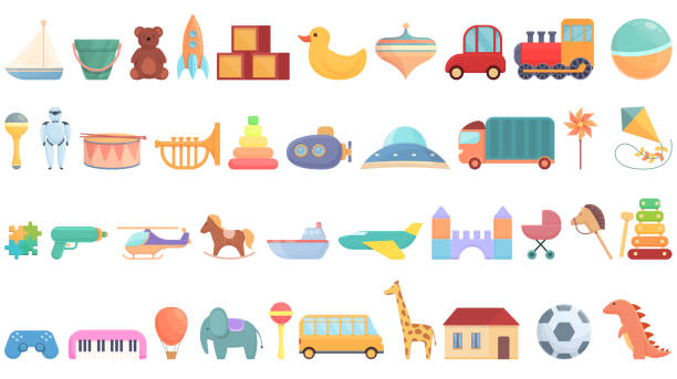 istock Toys shop icons set cartoon vector. Store market 1388927352