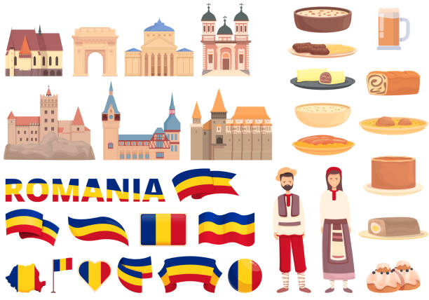 stockillustraties, clipart, cartoons en iconen met romania icons set cartoon vector. food map - roemenië