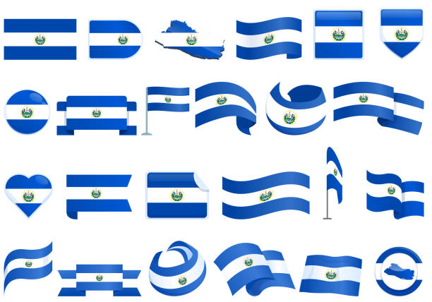 illustrazioni stock, clip art, cartoni animati e icone di tendenza di el salvador icone set vettore cartone animato. bandiera del paese - salvadoran flag