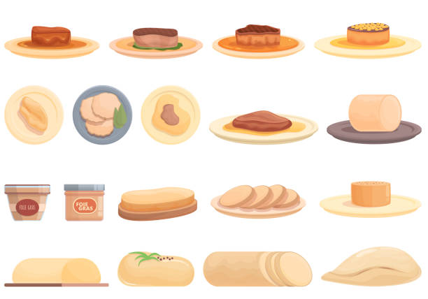illustrazioni stock, clip art, cartoni animati e icone di tendenza di foie gras icone set cartoon vettoriale. cibo francese - foie gras goose meat liver pate