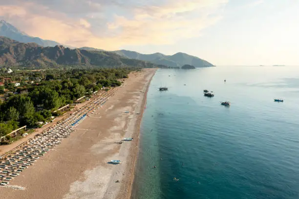 Beautiful sandy beach and transparent sea in Cirali, Olympos Antalya City
