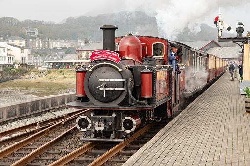 Porthmadog, Wales, UK - Locomotive named David Lloyd George at Porthmadog on the Ffestiniog and Welsh Highland Railway. David Lloyd George was the fourth locomotive to be built by the Ffestiniog Railway Company and was finished in 1992.