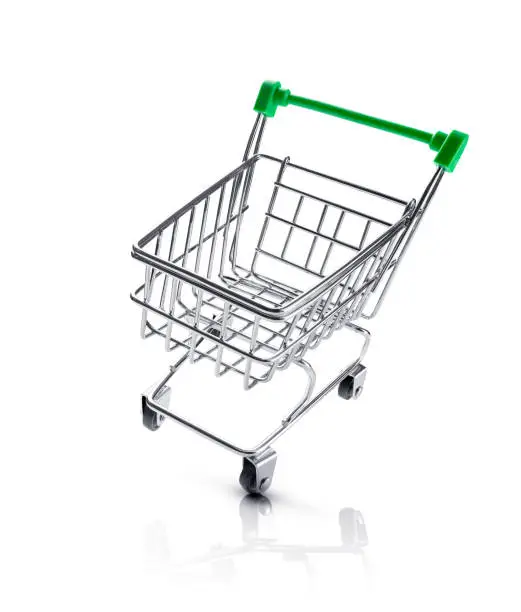 An empty shopping trolley with a green handle isolated on white