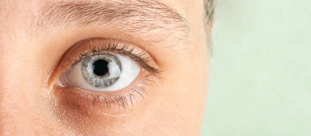 womans eye with copy space, eye diagnostics banner stock photo