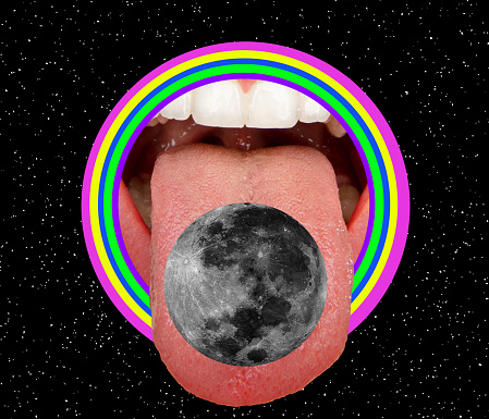 Contemporary art collage. Female mouth with tongue sticking out eating moon isolated over black background. Addiction concept. Psychdelic design. creativity, surrealism, ad